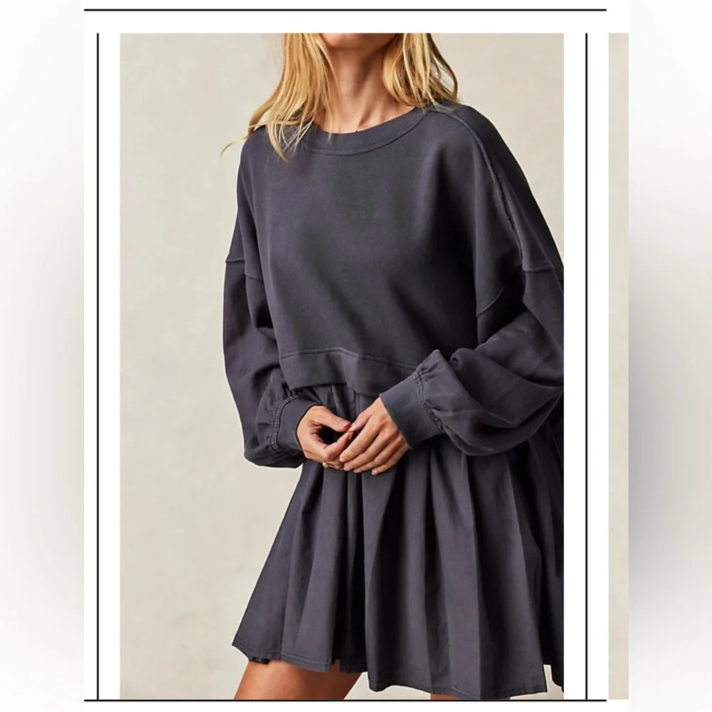 NWT Free People Eleonor Layered Oversized Boho Gray Sweatshirt Minidress - Picture 3 of 15